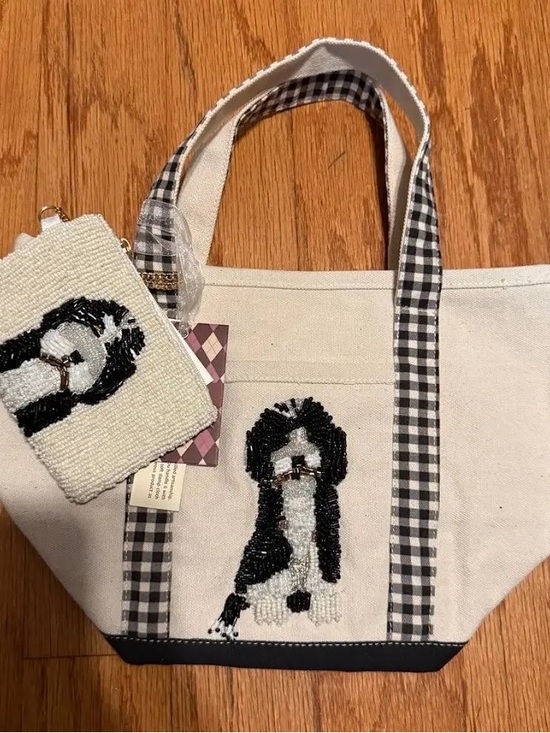 T.J.Maxx Handbags - Viral Canvas Doodle Tote Bag with Black & White Beaded Puppy Design